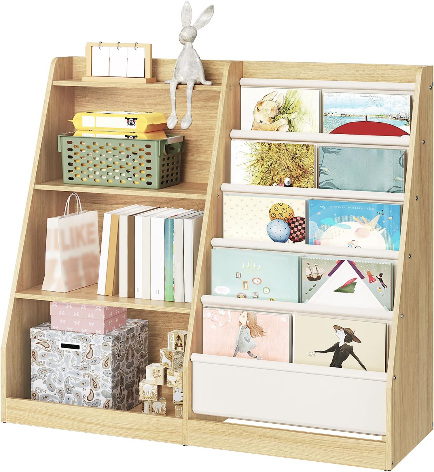 4-Tier Wooden Kids Bookshelf, Toddler Bookshelf with 6 Layer Fabric Sling Book Shelf, Kids Book Shelves and Toy Storage, for Kids Room, Playroom, Nursery, Classroom, Natural and White MCW05NL
