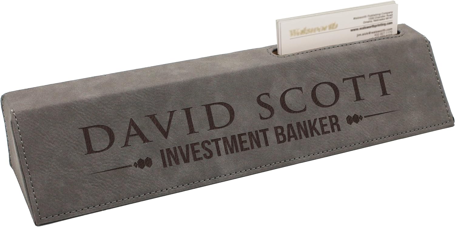 Custom Engraved Desk Name Plate - Personalized Desk Wedge with Business Card Holder (Gray)