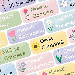 Personalized Waterproof Name Labels for Kids w/Flowers Icon, Optional Pack 70, 145, 220 Labels, Custom Stickers for Kids' Clothing Tag, Water Bottle, Lunch Box, Customize Kid Name Label for Daycare