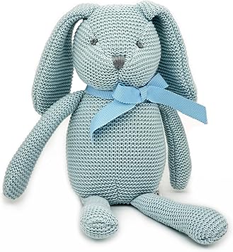 FLUFFYFUN 100% Organic Cotton Blue Bunny Rabbit Teddy Soft Toy, Baby Teddy for Newborn 7.1"