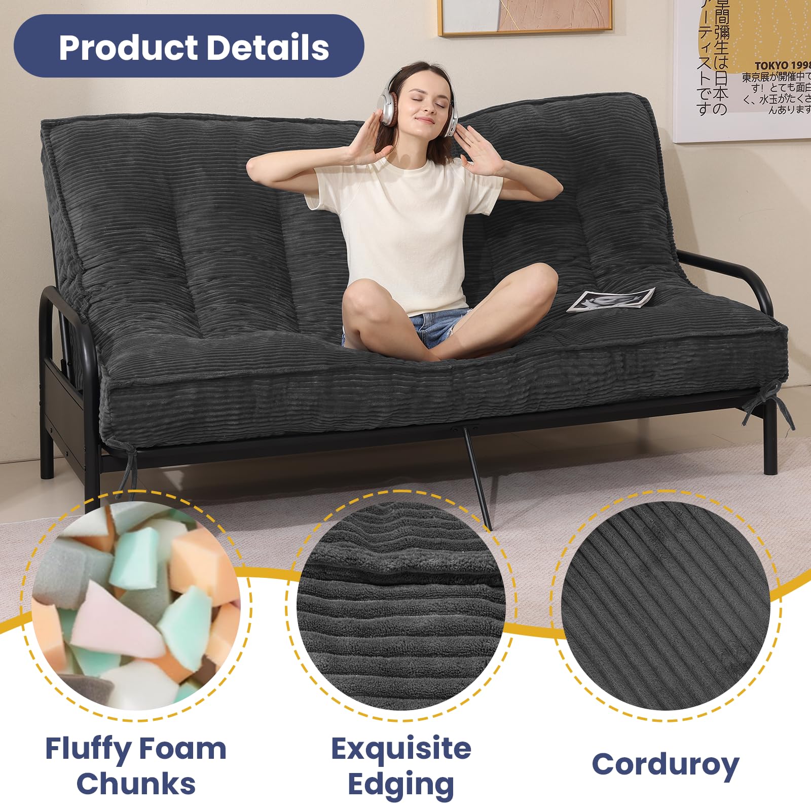 JUIKURY 8" Futon Mattress Full Size, Thick Futons Sofa Couch Bed Sleeper Sofa Bed, Floor Mattress for Adults, Roll Up Folding Mattres Shredded Foam Filling, Medium Firm(Frame Not Included)