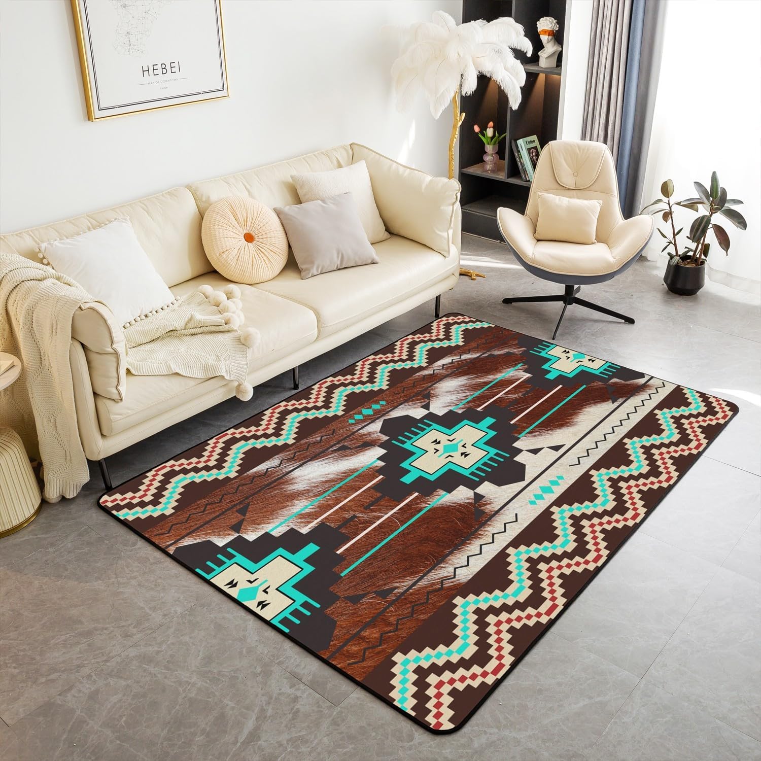 Western Texas Star Living Room Rugs 5x7 Brown Cowhide Aztec Decorative Carpet Ethnic Geometric Area Rug Kids Toddler Boho Exotic Indoor Floor Mat Durable