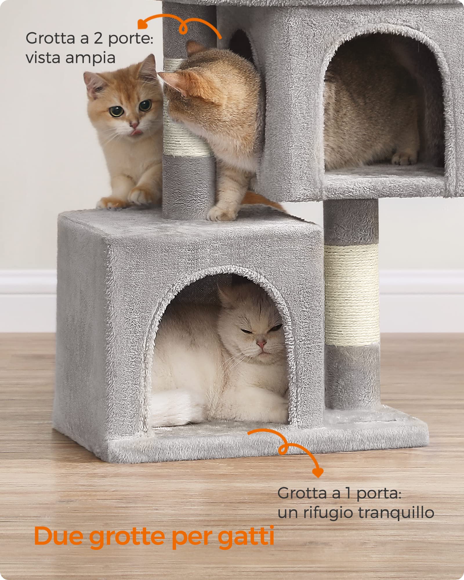Feandrea Albero per Gatti, 67 cm, Tiragraffi, S, Condominio per Gattini Fino a 3 kg, Ampio Posatoio, 2 Grotte, Graffiatoio, Grigio Chiaro PCT611W01