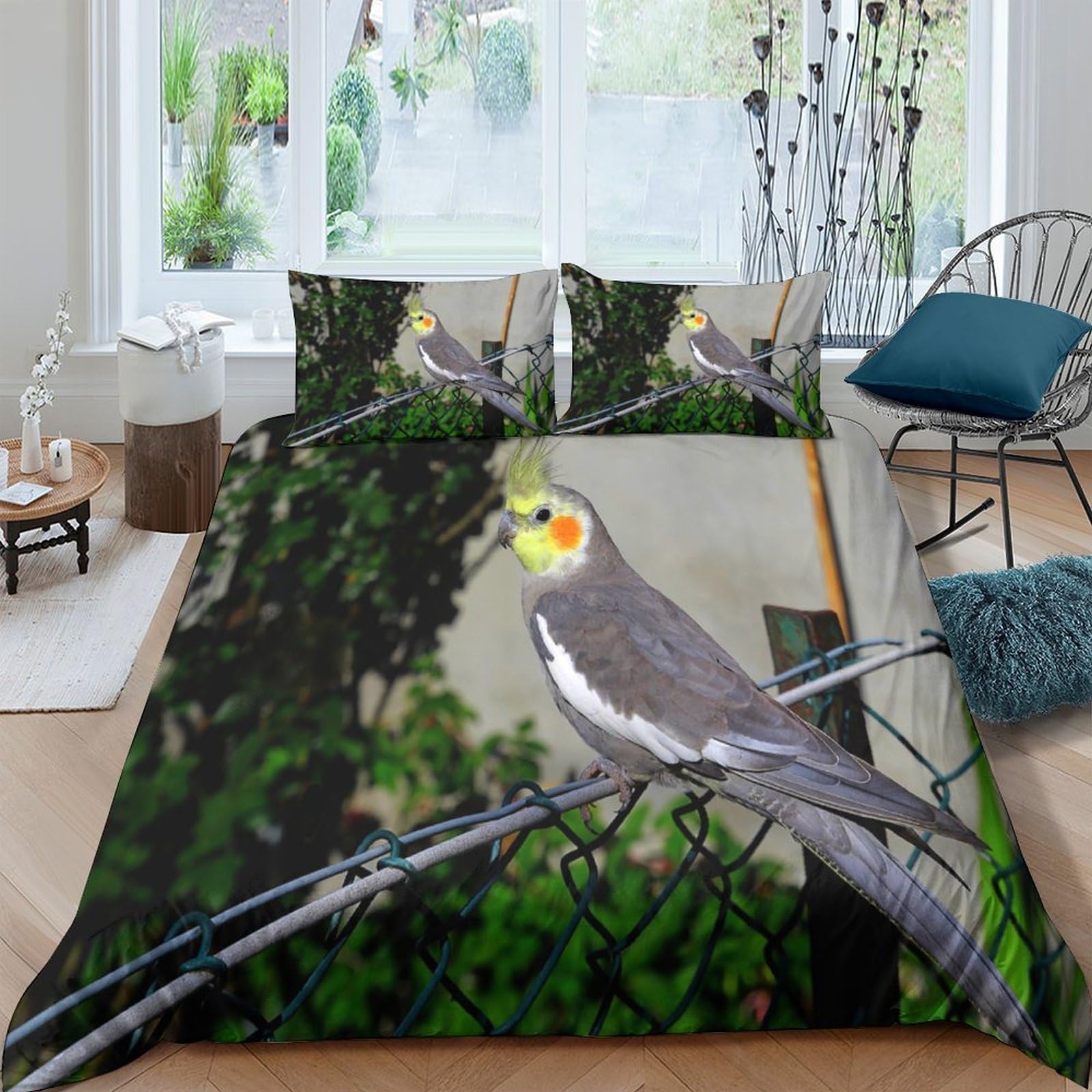 GPLZQXKJNH 3D Printed Cockatiel Bird Duvet Cover Microfiber Soft Breathable Parrot Bedding Set with 2 Pillowcases for Bedroom Decor Single（135x200cm）