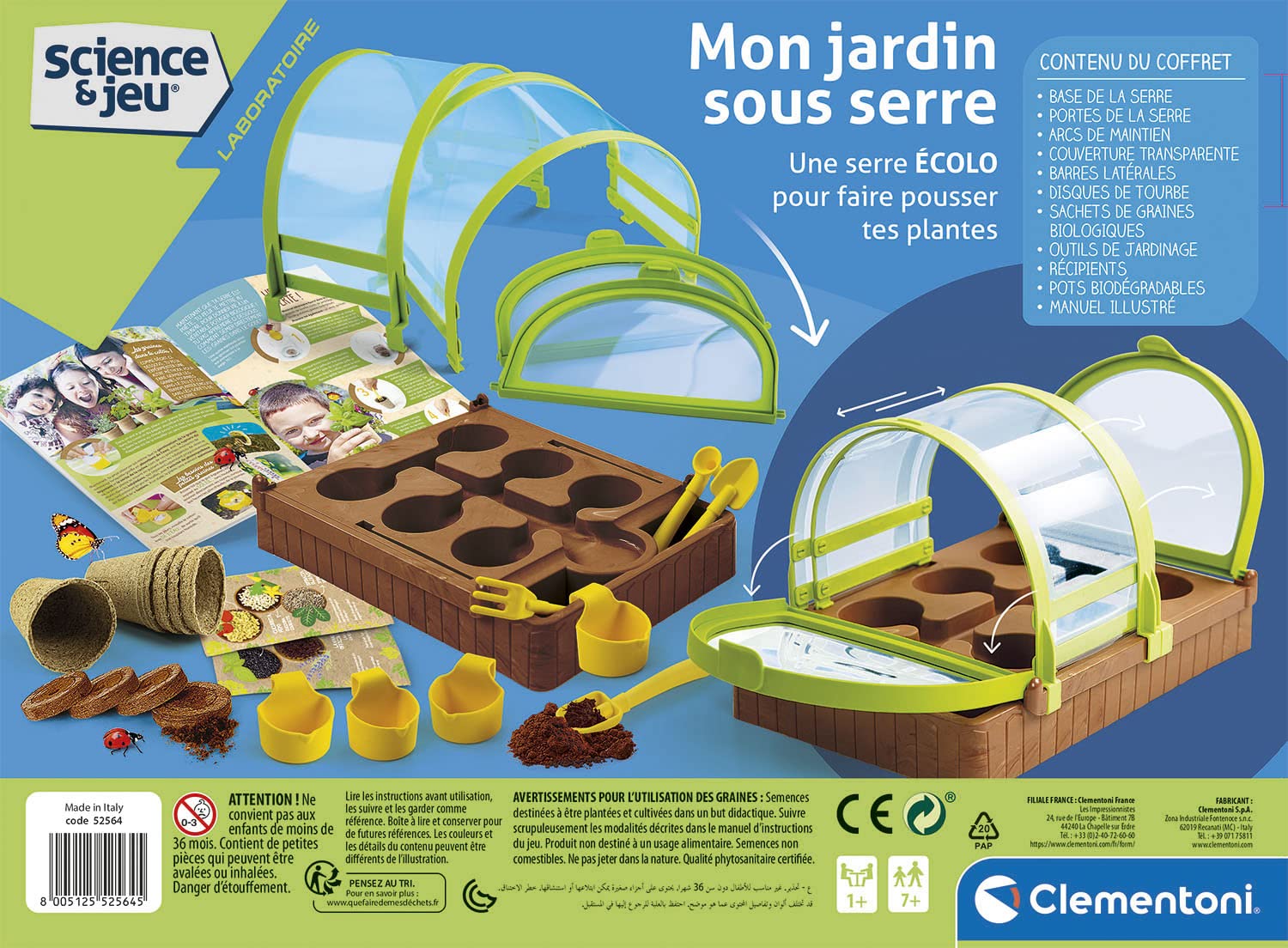 Clementoni - Science & Game – Il mio giardino sotto serra – Design moderno – Segreti della coltivazione biologica – Set completo di attrezzi e vasi speciali – per bambini dai 7 anni in su, 30 x 20 x