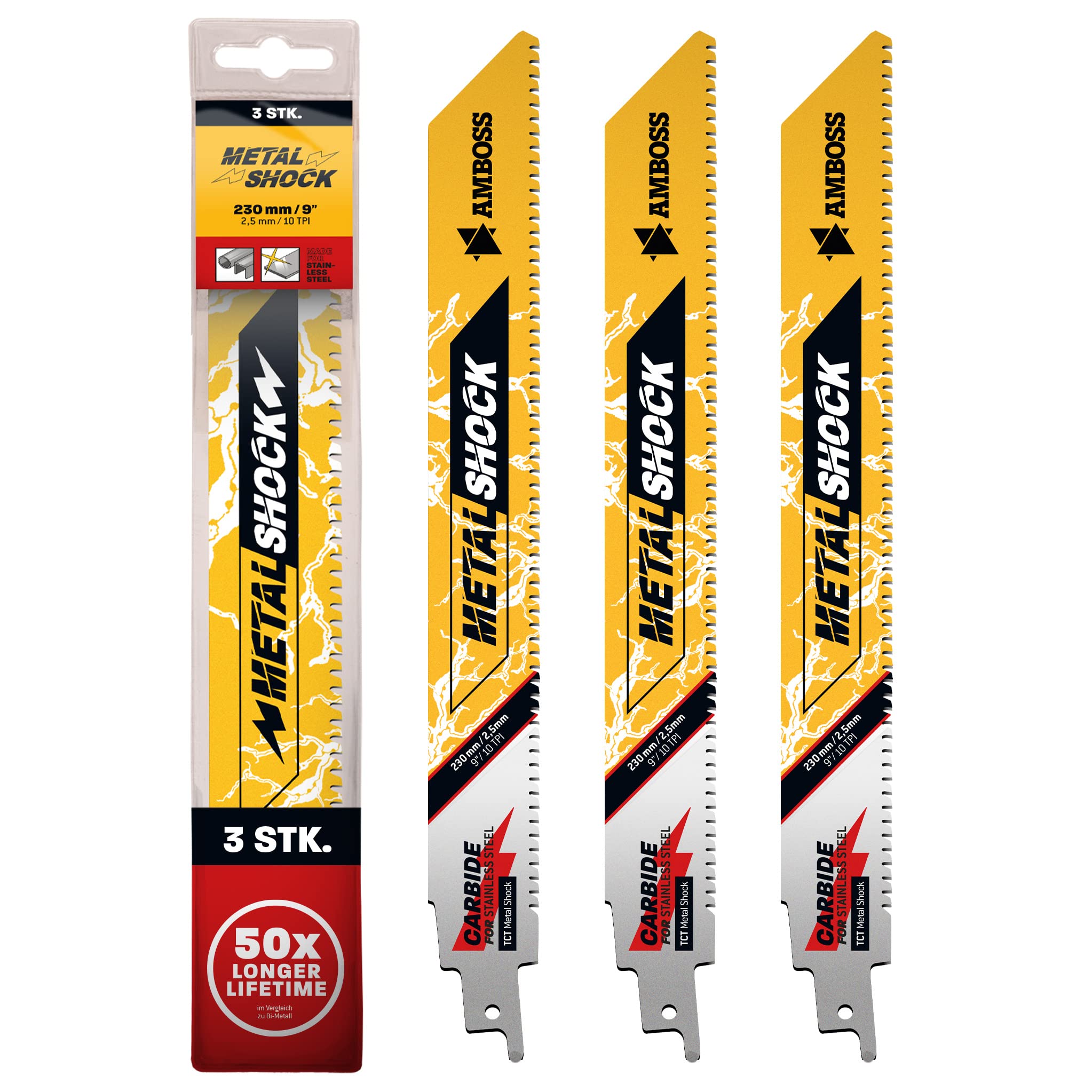 AMBOSS METAL SHOCK - 3 x brzeszczot do piły szablastej długość 230 mm / 10 ZpZ - idealny do odrywania/ montażu / demontażu/budowy rur - nadaje się do stali nierdzewnej oraz stali (rury/profile/nośniki) oraz rur żeliwnych