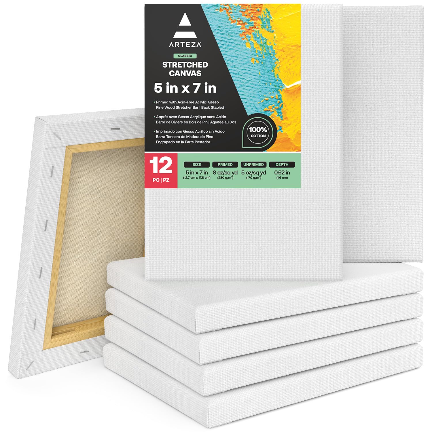 ARTEZA Stretched Canvas, 5 x 7 Inches, Pack of 12, Blank White Canvas for Painting for Acrylic, Oil and Gouache Paints