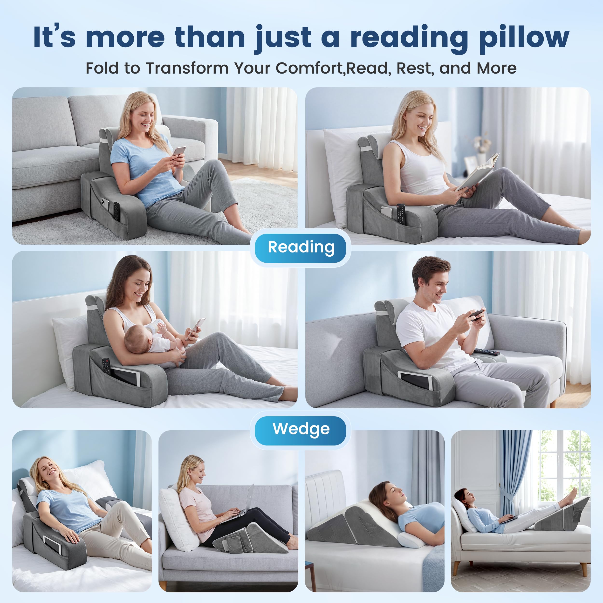 Cuscino da lettura reversibile 2 in 1, cuscino da lettura per letto e divano con braccioli e poggiatesta rimovibili, 2 angoli di inclinazione per lo schienale: 20° e 55°, sedia da letto per