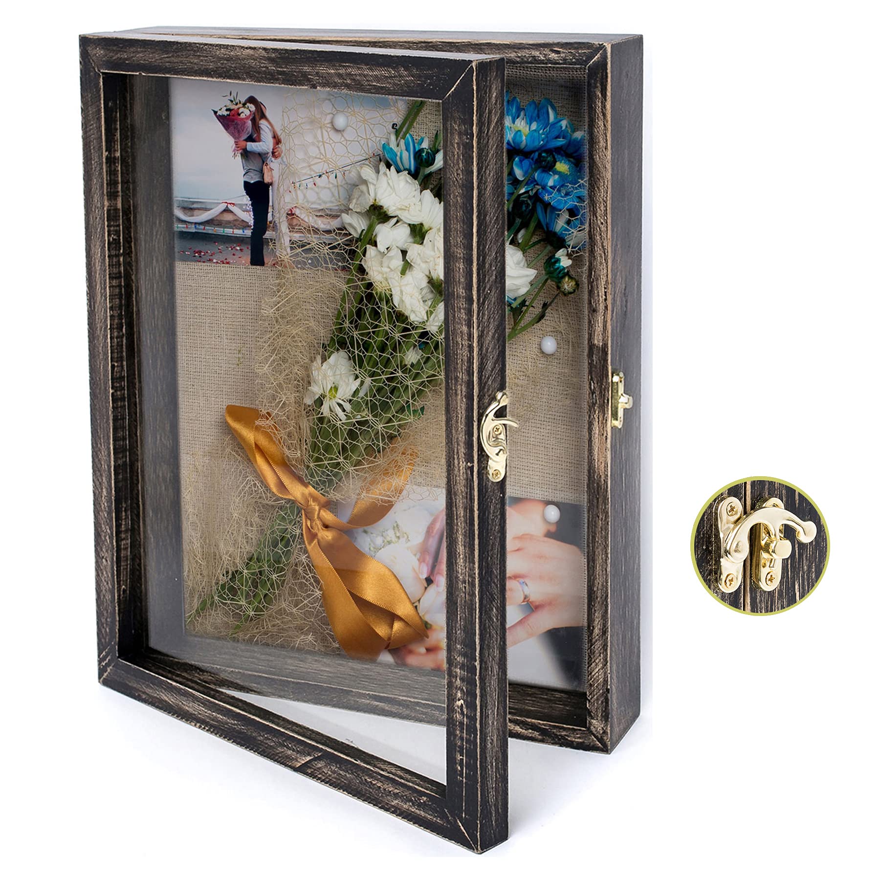 Rustic Black Shadow Box Display Case 11 X 14 Inch Wood Shadow Box Picture Frame with Linen Back Memorabilia Medals, Flowers, Magazine, Graduation, Wedding, Baby, Memory Box for Keepsakes