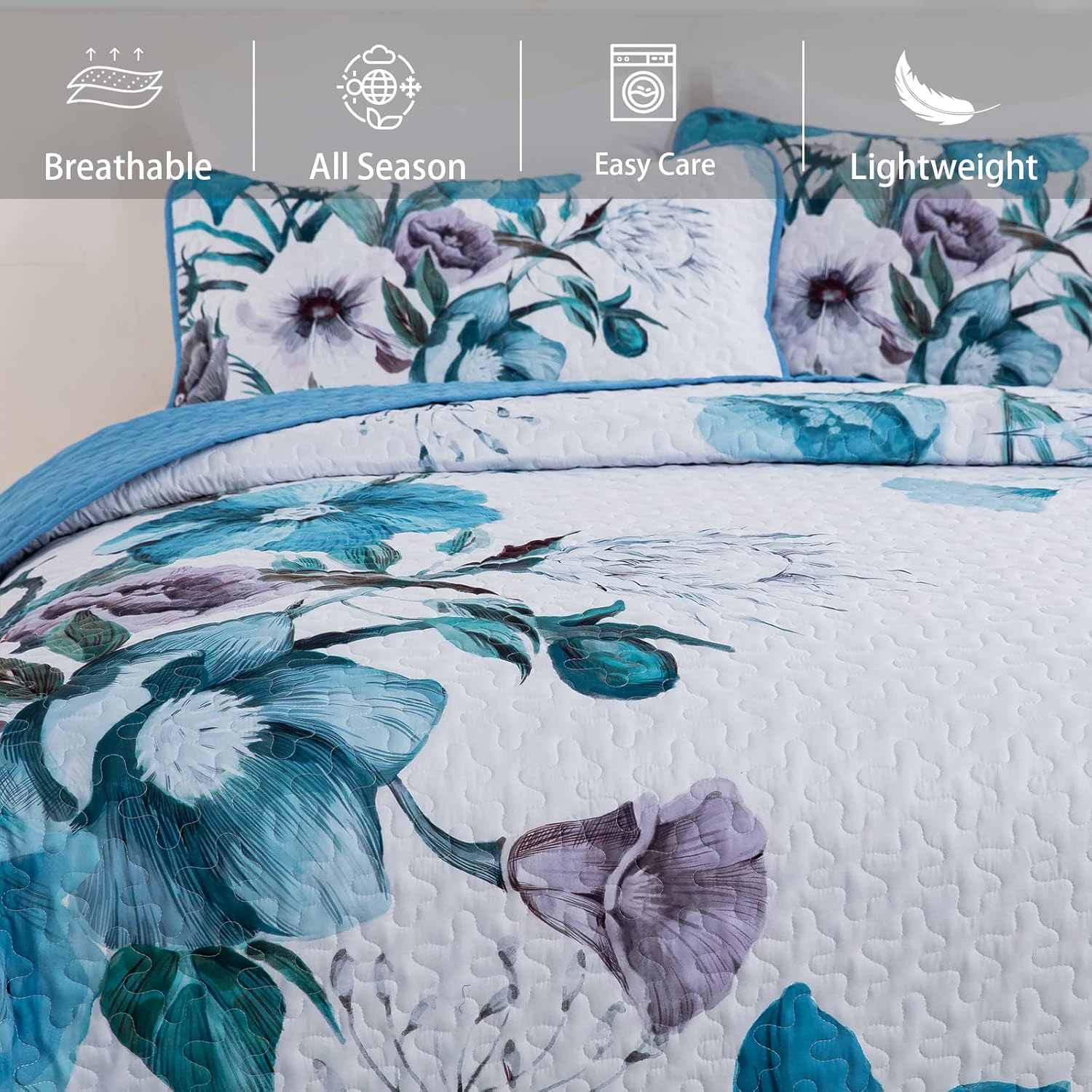 Floral Quilt Set Queen 3 Pieces Boho Blue Floral Quilt Coverlet Set Soft Microfiber Lightweight Blue Quilted Bedspread for All Season 90"x96" - Image 3