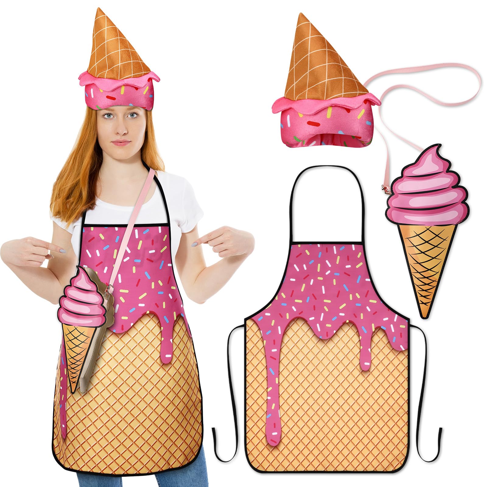 Vinsatin 3 Pcs Halloween Ice Cream Costume for Adult Ice Cream Cone Apron Ice Cream Hat Ice Cream Purse Set Cartoon Ice Cream Costume Accessories for Women Men Halloween Dessert Cosplay Party Outfit,