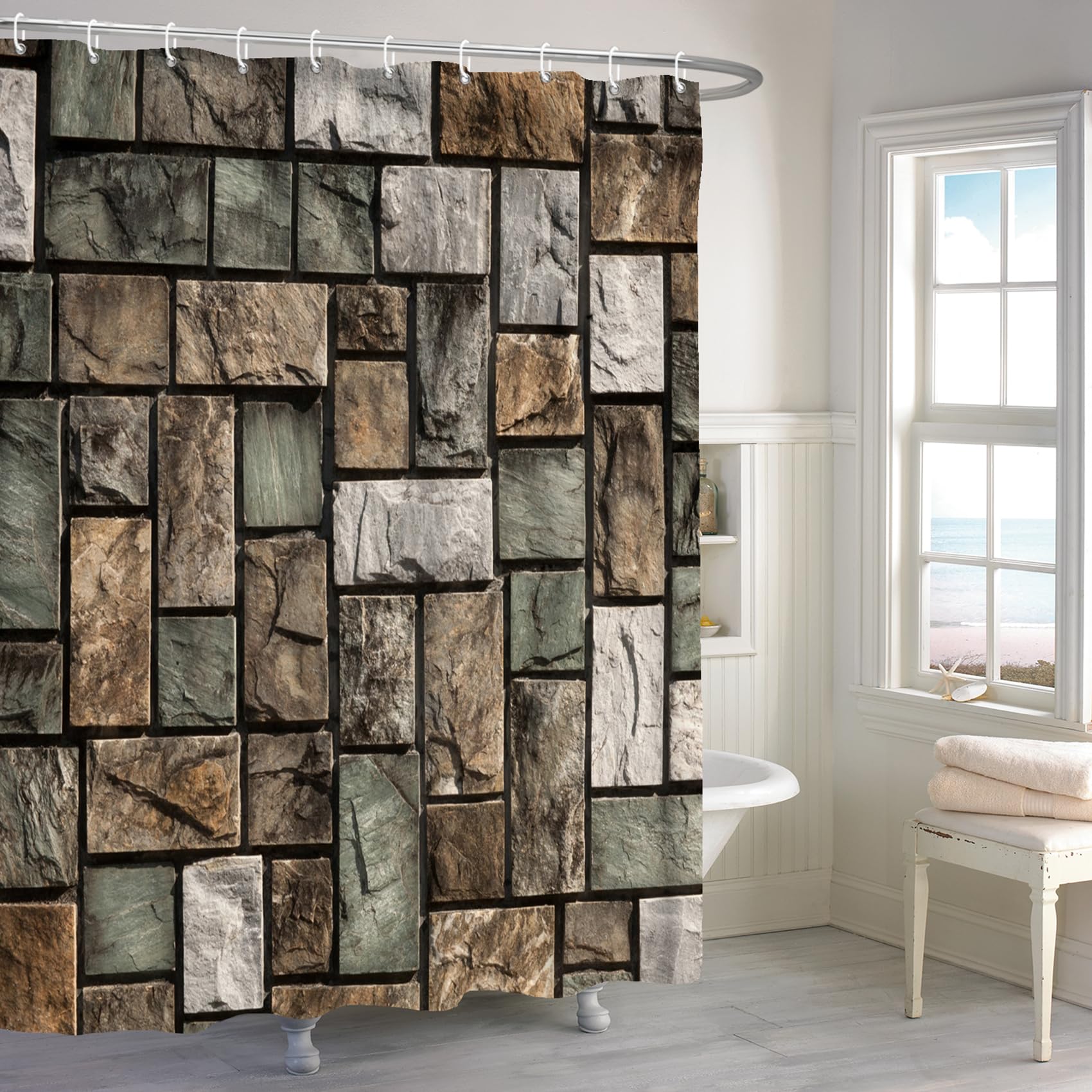 Renaiss 60x72 inch Retro Stone Brick Wall Shower Curtain Rustic Marble Geometric Rock Farmhouse Fabric Shower Curtains for Bathroom Decor Bathtub
