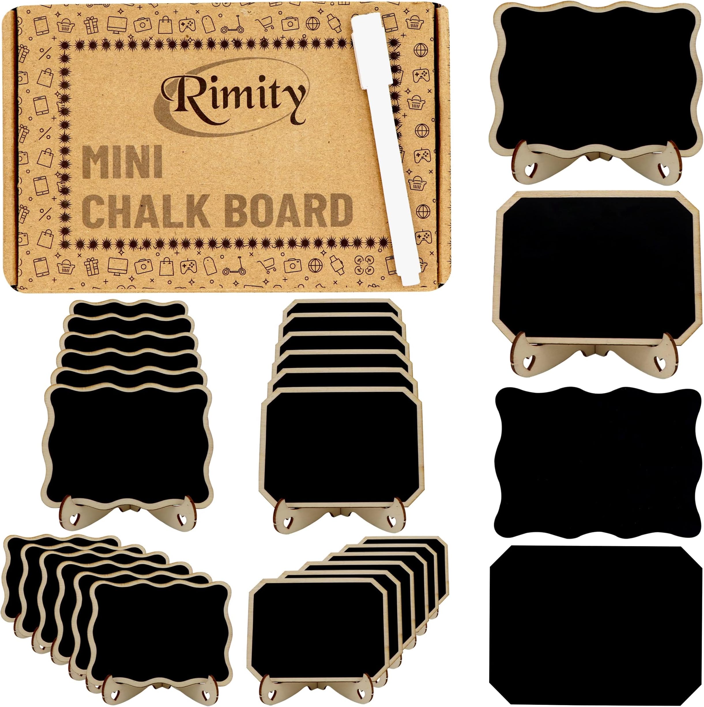 RIMITY 20 Pack Mini Chalkboard Signs for Food with 20 Additional Stickers โ Water Based Pen & Support Easels with Wooden Place Cards โ Food Labels for Party Buffet Table, Weddings & Decorations