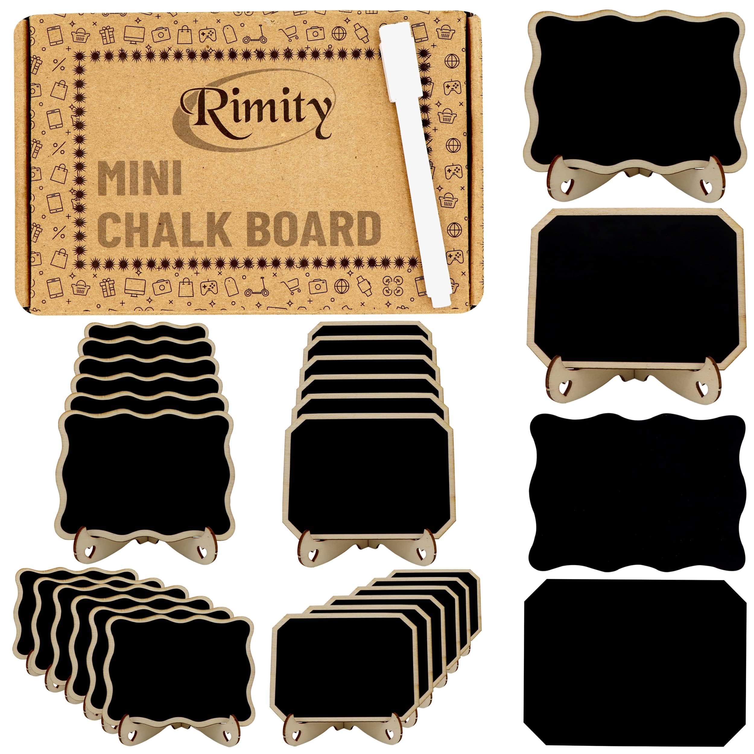 RIMITY 20 Pack Mini Chalkboard Signs for Food with 20 Additional Stickers – Water Based Pen & Support Easels with Wooden Place Cards – Food Labels for Party Buffet Table, Weddings & Decorations