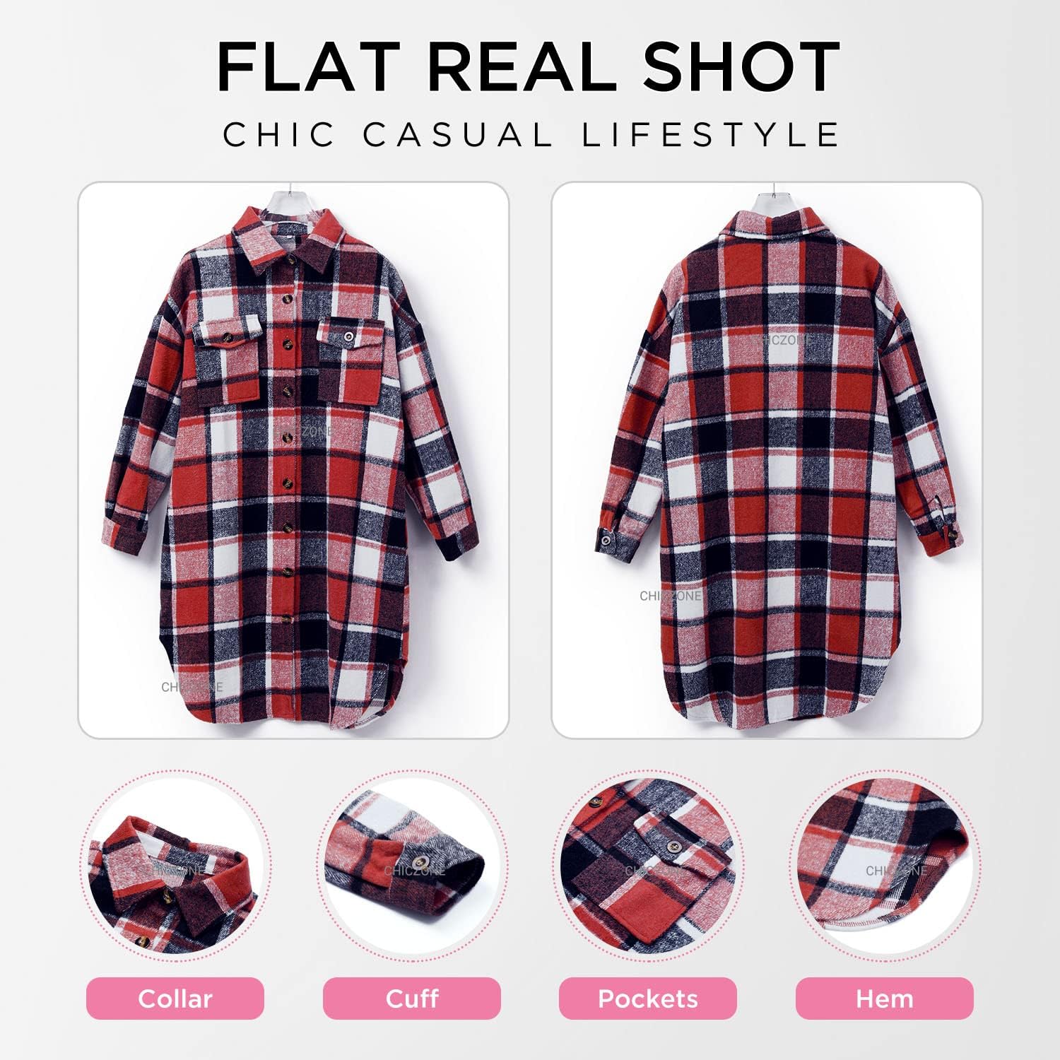 CHICZONE Womens Plaid Shacket Jacket Long Corduroy Shirt Casual Lapel Button Down Flannel Trench Coats - Image 5