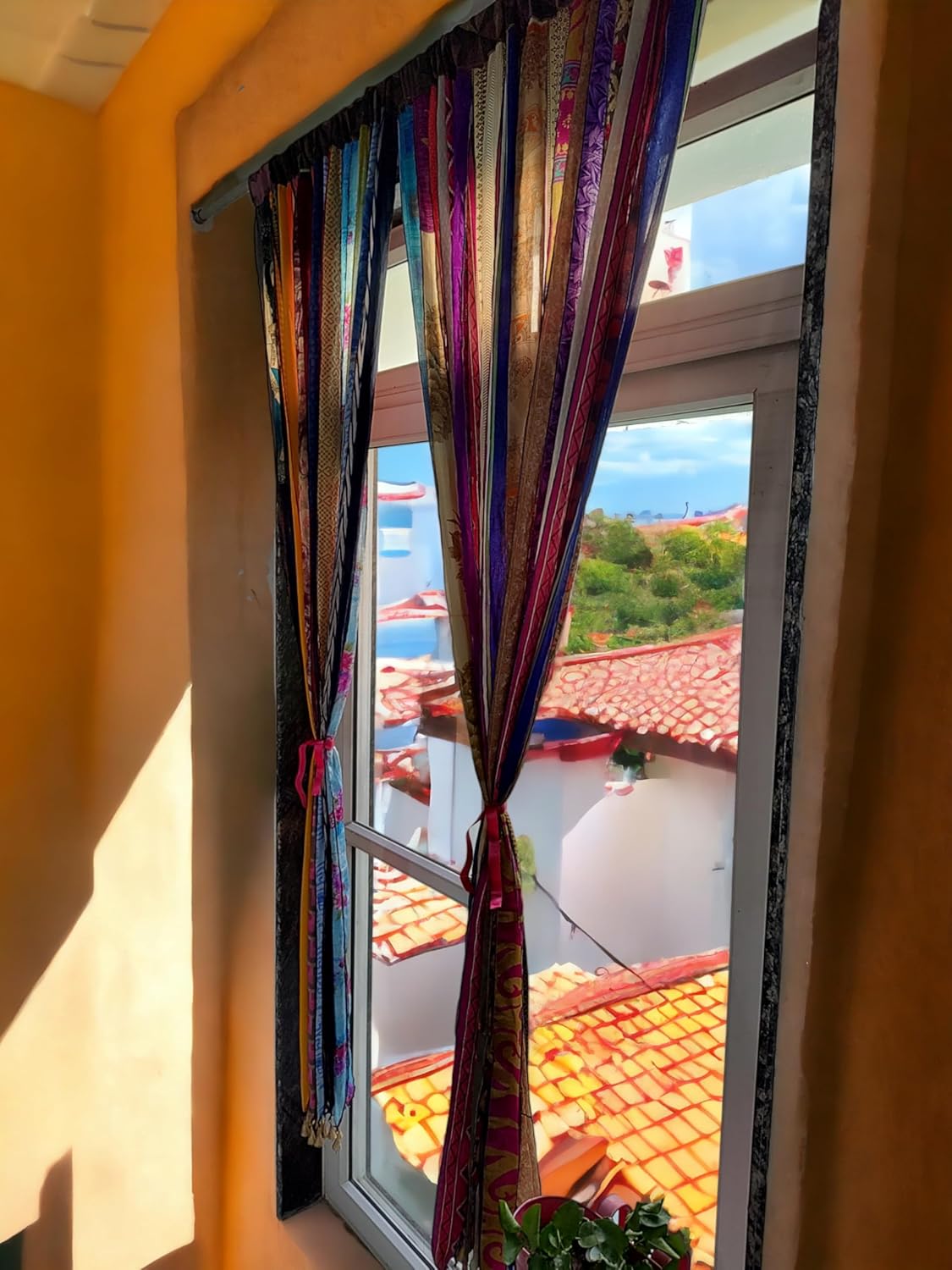 Mango Gifts Old Silk Sari Multicolor Ribbon Doorway Curtain Hippie Bohemian Room Divider Light-Filtering Boho Curtains Rod Pocket Window Drape for Livingroom Bedroom 85 x 45 Inch