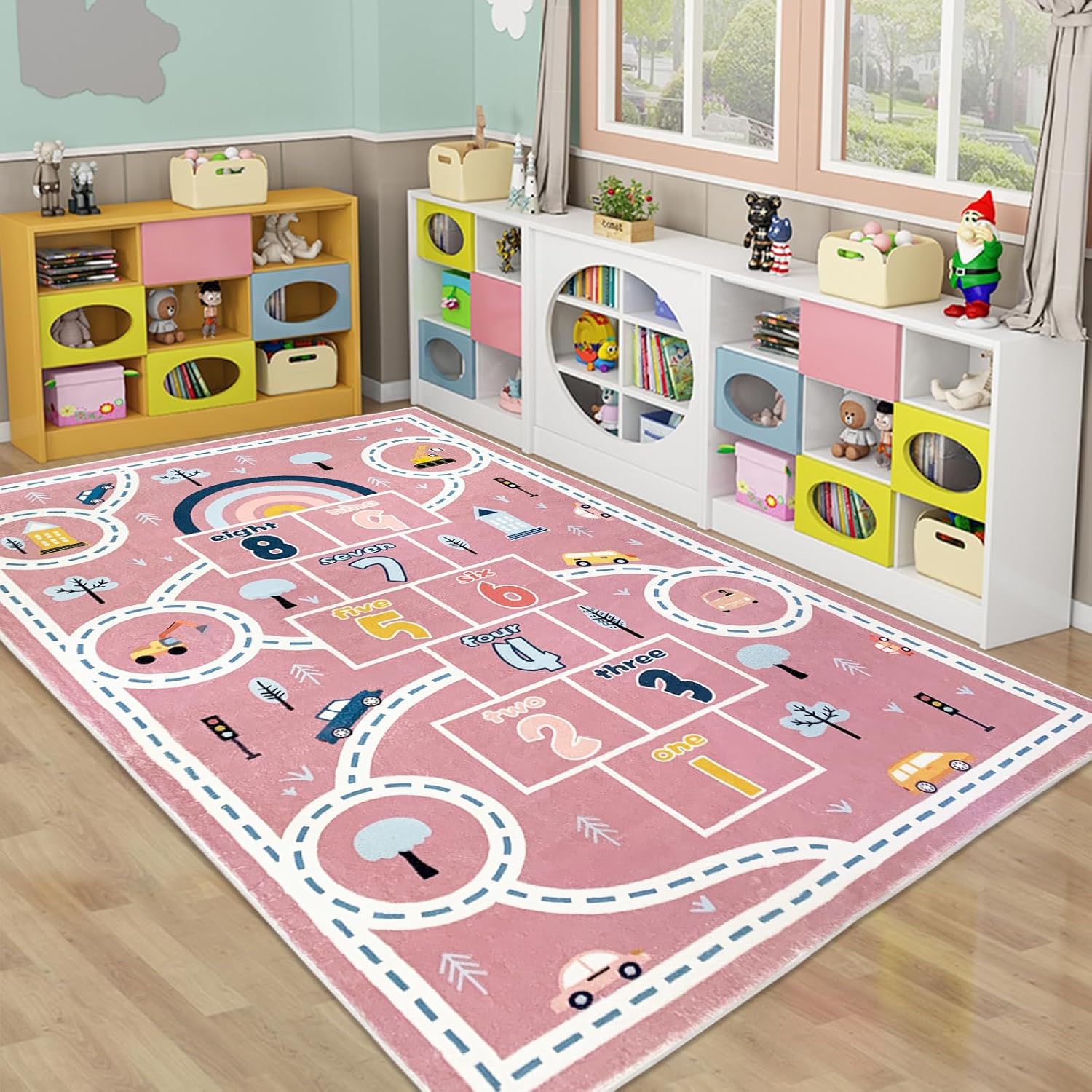Kids Play Mat Hopscotch Car Area Rug 5x8Ft Extra Large for Girls Bedroom Soft Classroom Educational Learning Children Preschool Car Road Boys Gift, Pink