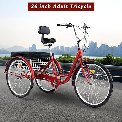 Vista 18 de Triciclo para adultos de 26 pulgadas, bicicleta de 7 velocidades y 3 ruedas para mujeres, hombres y personas mayores, triciclo de crucero con cesta