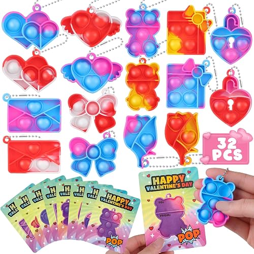 Amy&Benton 32 Pack Valentine‘s Day Gift Cards with Pop Bubble Keychains, 8 Designs Mini Colored Pop Fidget Toys Bulk with Gift Cards for Kids Valentine Party Favors Classroom Exchange Prizes