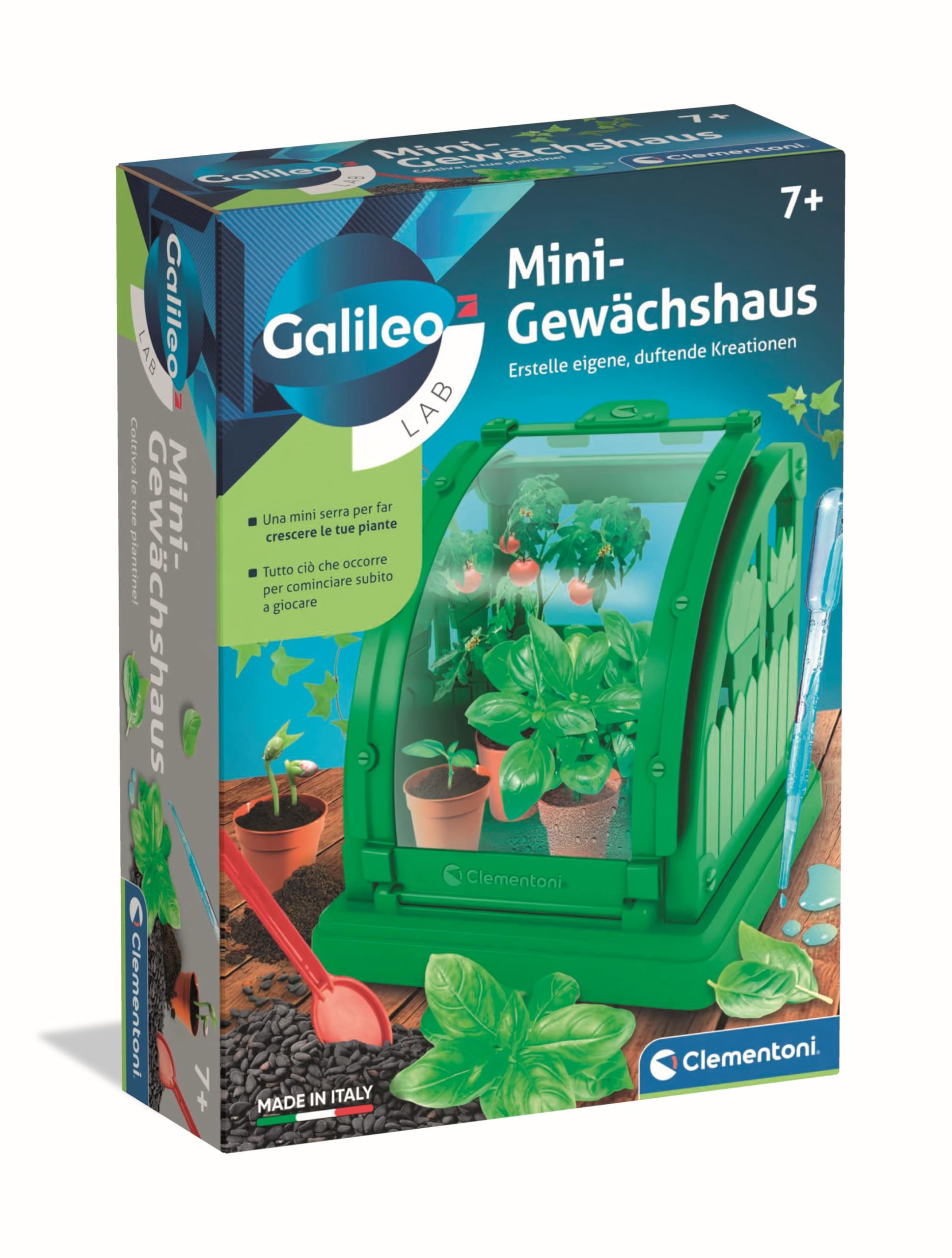 Clementoni Galileo Lab Mini-Gewächshaus - DIY Botanik-Set für Kinder - Pflanzen selbst züchten mit Töpfen, Torf & Samen - Indoor-Garten mit Klappe zur Pflege von Clementoni 59438