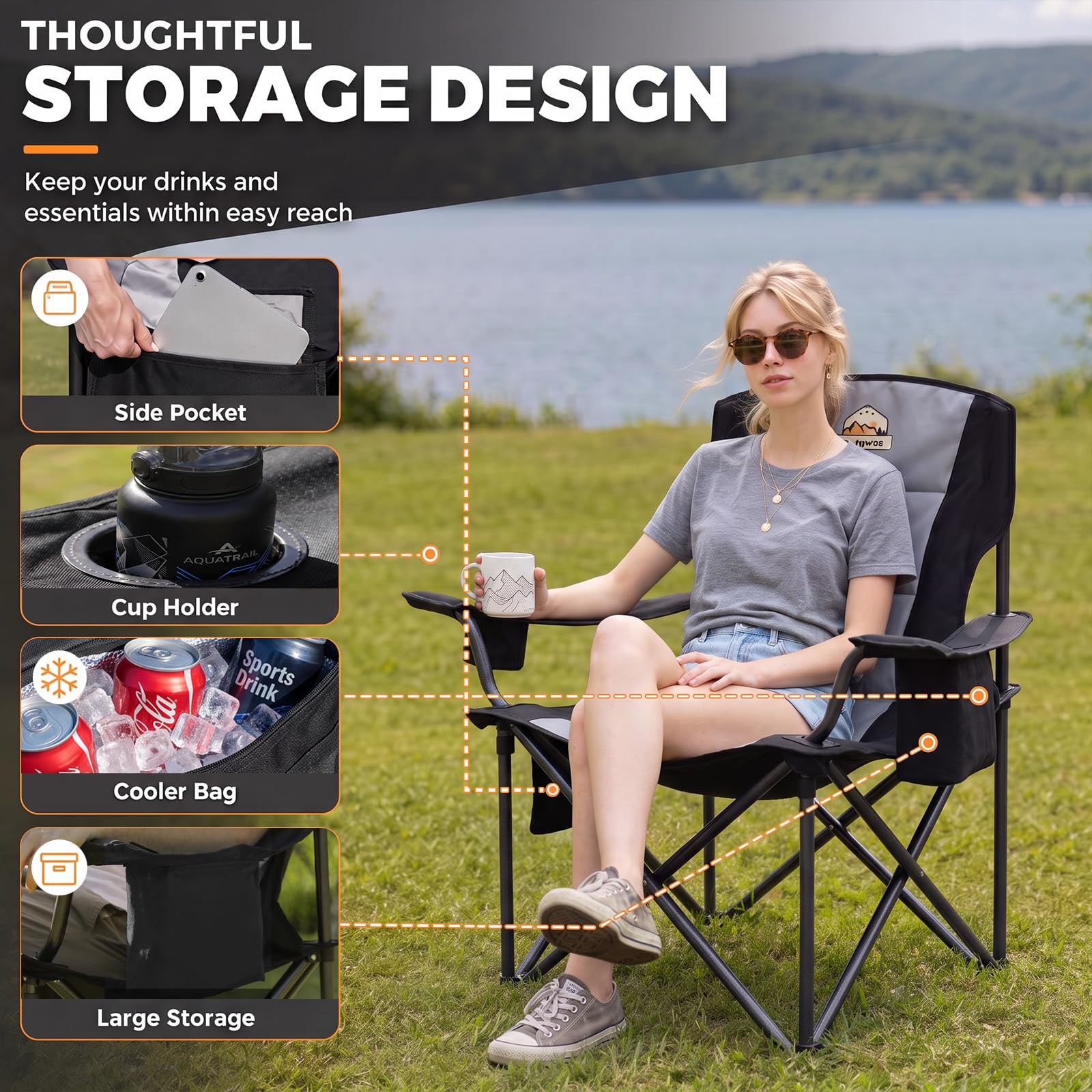 Sillas plegables de gran tamaño para acampar – Silla de campamento resistente de 450 libras con cojín acolchado, juego de 2 sillas exteriores portátiles con bolsa de transporte, enfriador, portavasos