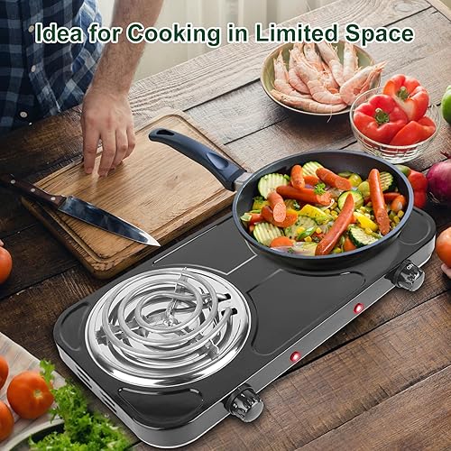 Miniatura 3 de Placa de cocción de doble quemador, estufa eléctrica portátil de 2000 W, control de temperatura de 5 niveles, fácil de limpiar, luces indicadoras de