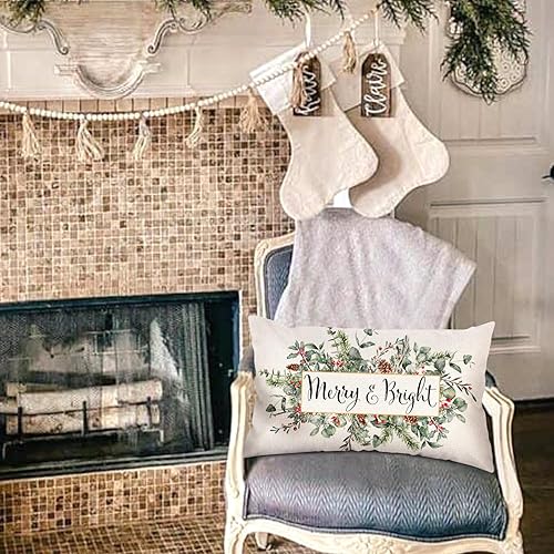 Miniatura 4 de AOKE Funda de almohada de muérdago de eucalipto navideño Merry & Bright de 12 x 20 pulgadas, funda de almohada lumbar decorativa de invierno para