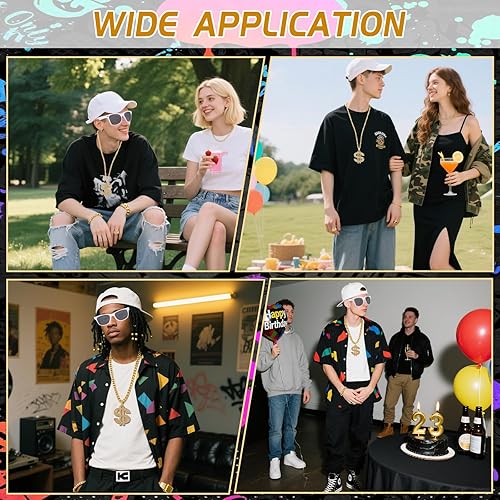 Miniatura 7 de Kit de disfraz de hip hop para hombres y mujeres, accesorios de los años 80 y 90, incluye anillo de signo de dólar sintético y cadena