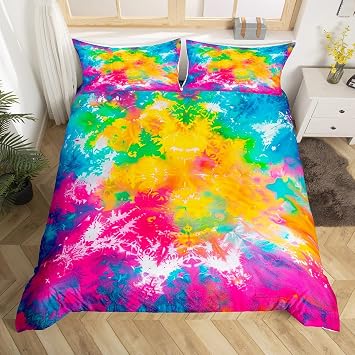 Feelyou Tie Dye Comforter Cover Boho Psychedelic Bedding Set for Girls Women Colorful Tie Dye Duvet Cover Stain Resistant Rainbow Bohemian Gypsy Bedspread Cover Twin Size Quilt Cover 2Pcs