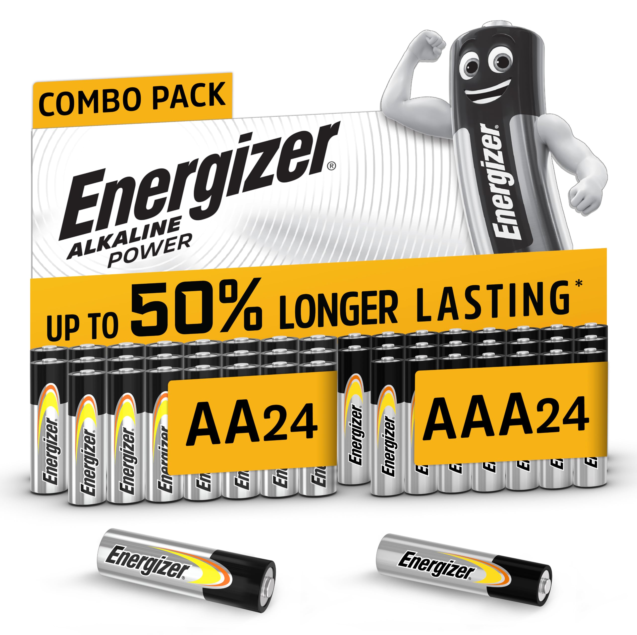 Energizer Alkaline Power Pilas AA + AAA (Paquete de 48) - 24AA y 24AAA Unidades - 1,5V Baterías Alcalinas - Embalaje 100% reciclable y sin plástico - 7 años de Vida útil [Exclusivo en Amazon]