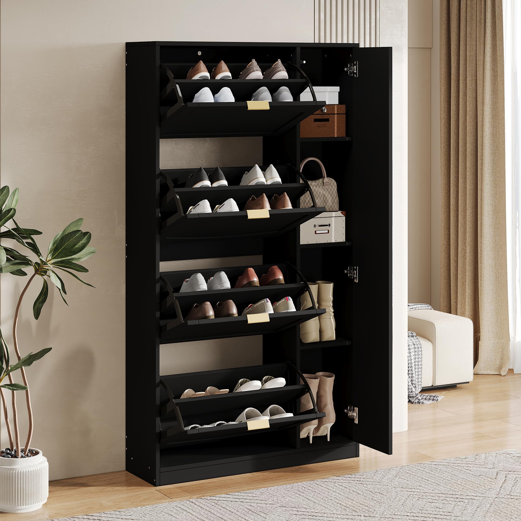 HAINEW Armario zapatero con 4 solapas y espejo, zapatero con mango de metal, 80 × 24 × 147 cm, estilo moderno, HD26012009 (negro)