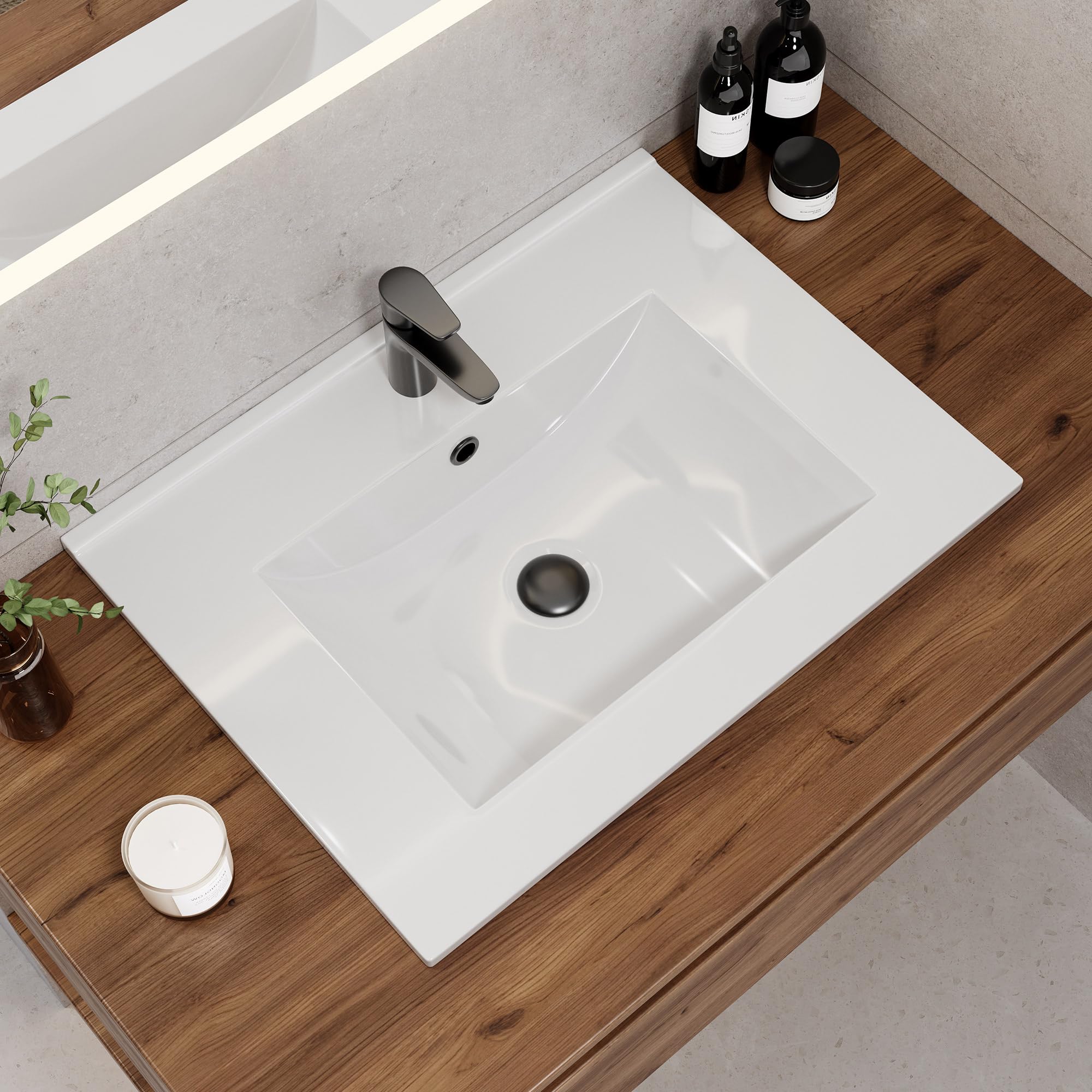 HOROW Lavabo da incasso angolare, lavabo in ceramica da 60 cm di larghezza - Bianco, lavabo soprapiano per mobile sotto, con troppopieno - Ideale per WC per gli ospiti e piccoli bagni