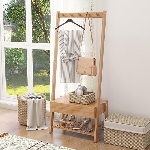 Perchero independiente para colgar ropa con cajón de bambú, almacenamiento de zapatos, banco para dormitorio, oficina, entrada, naturaleza