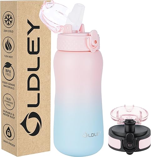 Botella de agua de acero inoxidable de doble pared aislada al vacío pniños, 12 oz, a prueba de fugassudor, sin BPA, 2 tapas cpajillapico de un clic,