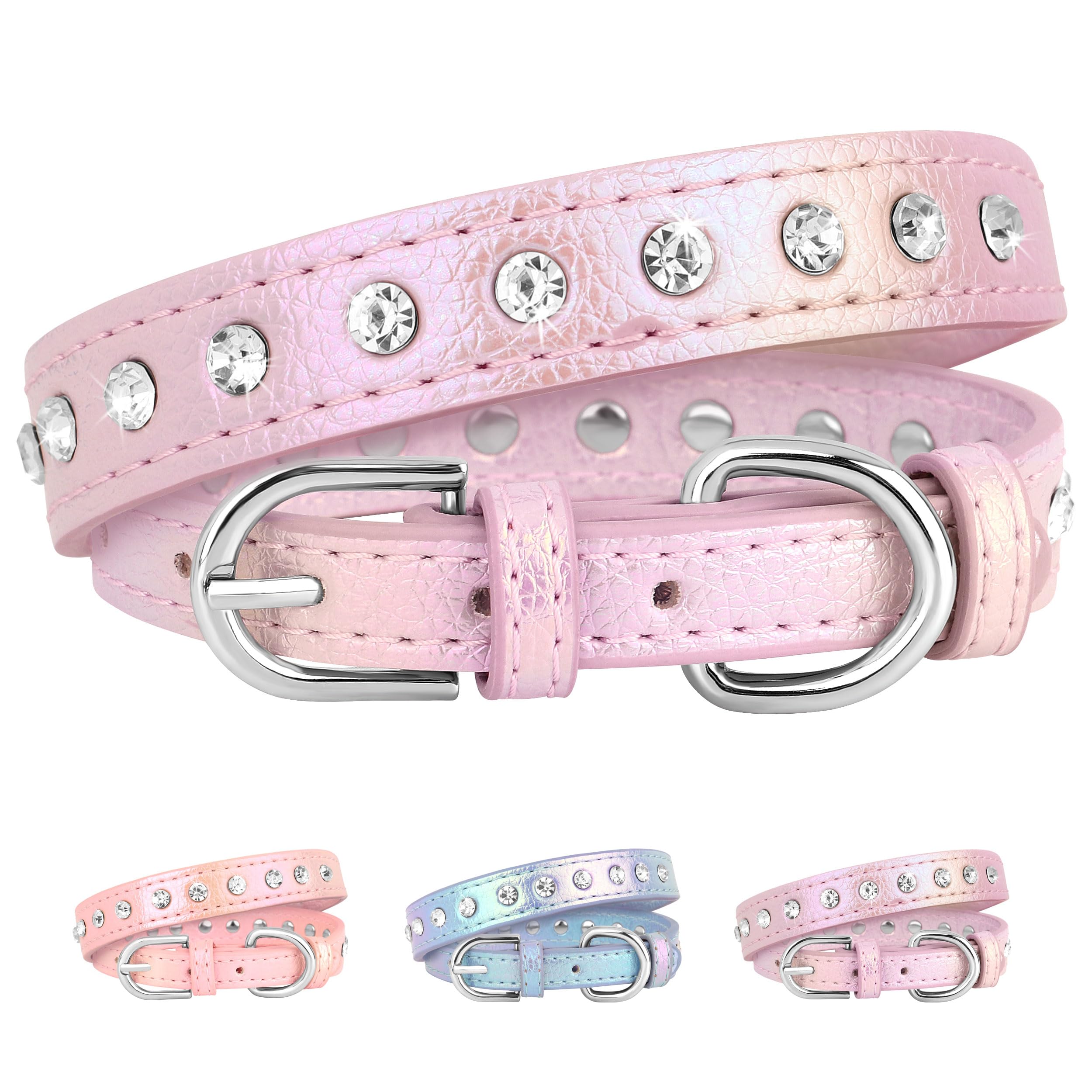 Beirui Bling Rhinestone Dog Collar with Studded Diamonds for Small Medium Dogs Cats,Cute Bedazzled PU Leather Dog Collar with Sparkling Crystals for