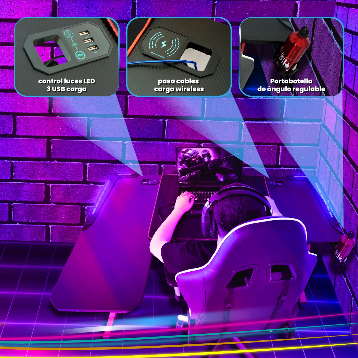 Mesa Gaming, 140cm x 60cm, Gaming Desk, Mesa Grande para Ordenador Consola PS5, Xbox Series, Patas de Acero, RGB LED, Base de Alfombrilla, Mesa Gaming Esquina