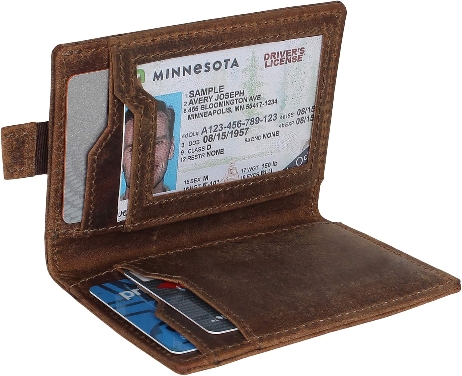 Miniatura 3 de Cartera de cuero genuino delgada hecha a mano minimalista con bolsillo frontal plegable con bloqueo RFID para hombres