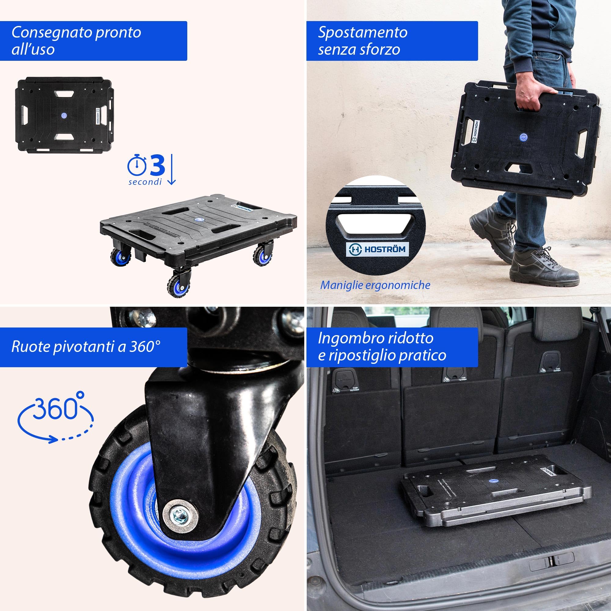 HOSTRÖM Vassoio pieghevole, carrello con ruote, demenagement, deposito mobile, 4 ruote girevoli a 360°, carico max. 136 kg, garanzia 5 anni