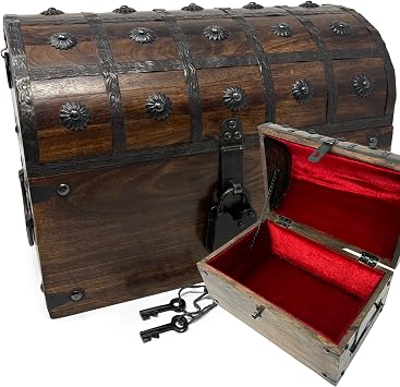 Nautical Cove Wooden Treasure Chest with Padded Velvet Lining and Antique Lock with Skeleton Keys Large 13x8x8.75 Luxury Wood Pirate Chest, Decorative Box with Lid, Wooden Lock Box, Pirate