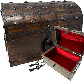 Nautical Cove Wooden Treasure Chest with Padded Velvet Lining and Antique Lock (Large 13x8x8.75) – Luxury Pirate Chest, Decorative Box with Lid