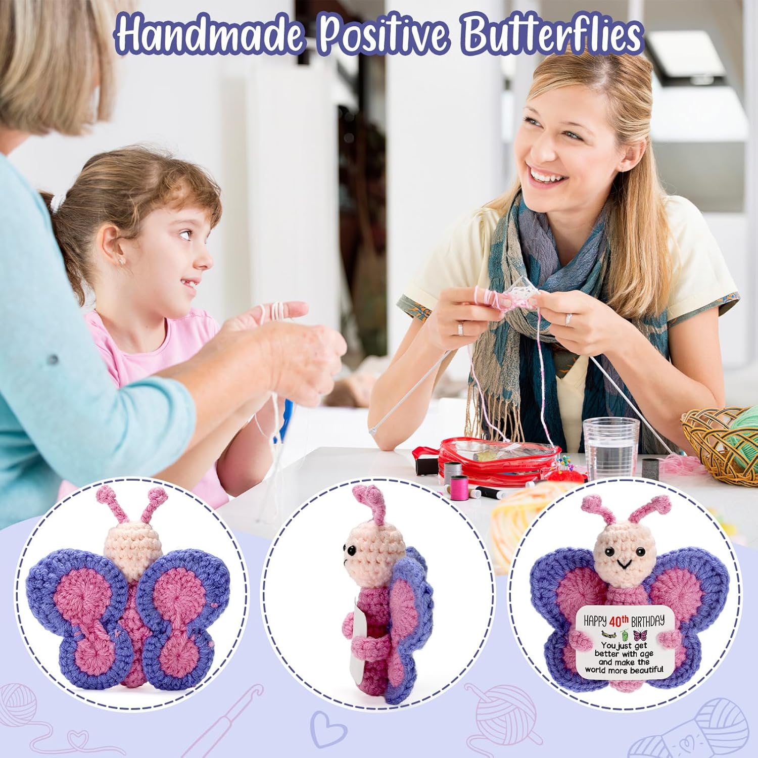 40th Birthday Gifts for Women, Tiny Crochet Butterfly Plush with Pink Purple Wings Holding Positive Note, Happy 40th Birthday Decoration & Gift for 40 Year Old Women - Image 3