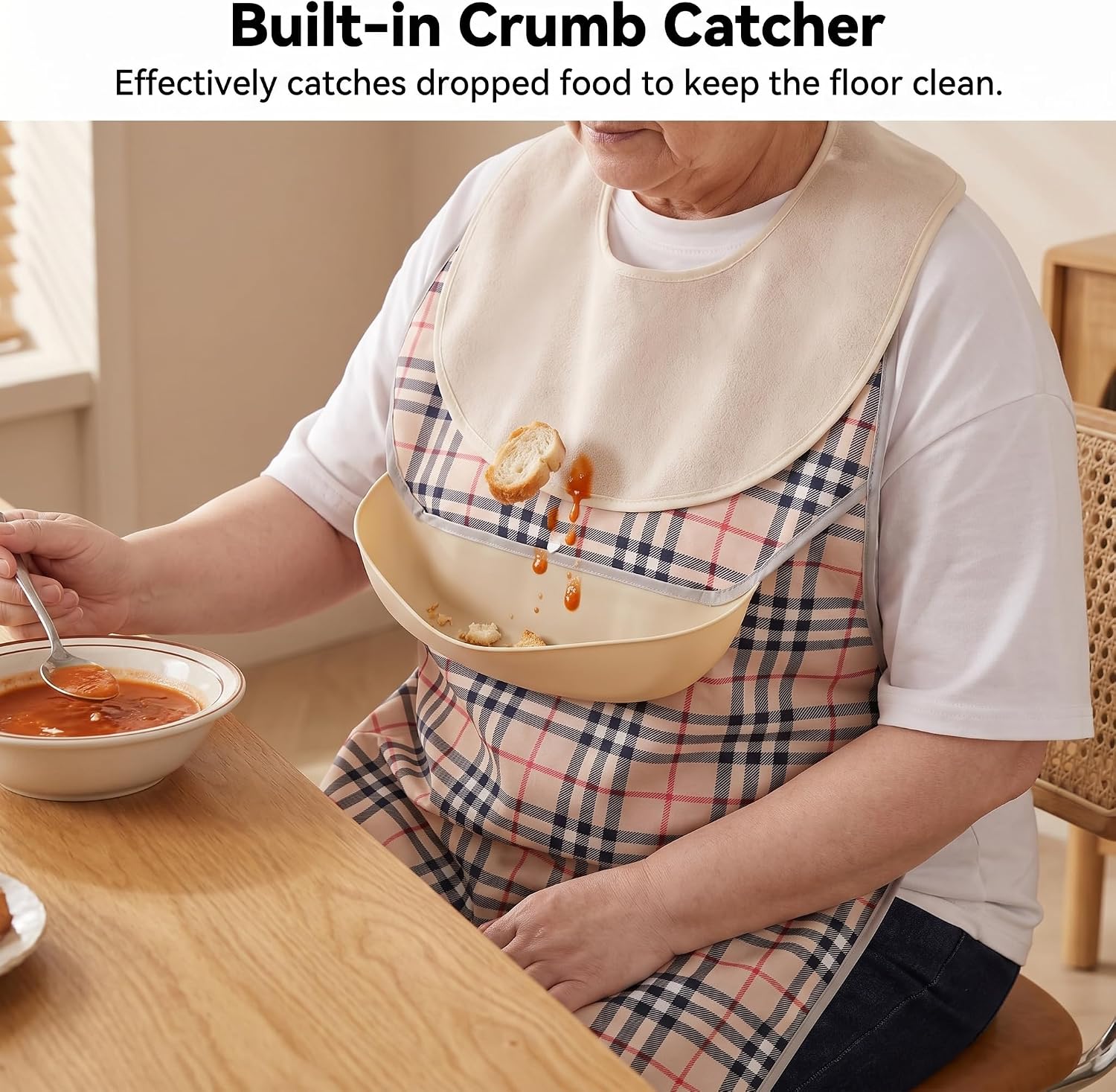 2 Pcs Waterproof Adult Eating Bibs with Crumb Catcher, Adjustable Reusable Washable Clothing Protector Unisex Apron Bib for Elderly Men Women, Apricot