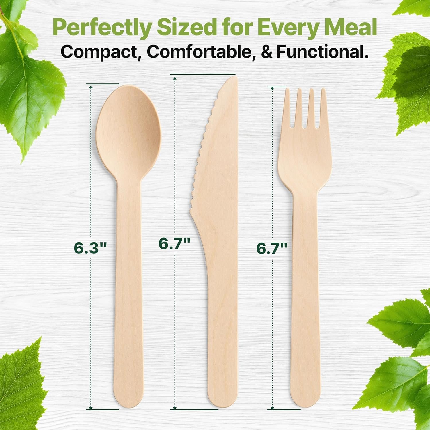 300 Piece Compostable Utensils Set of 100 Forks, 100 Spoons, & 100 Knives – 6 Inch Splinter-Free Birchwood Wooden Utensils Eco Friendly Disposable Cutlery Set for Party, Weddings & BBQ