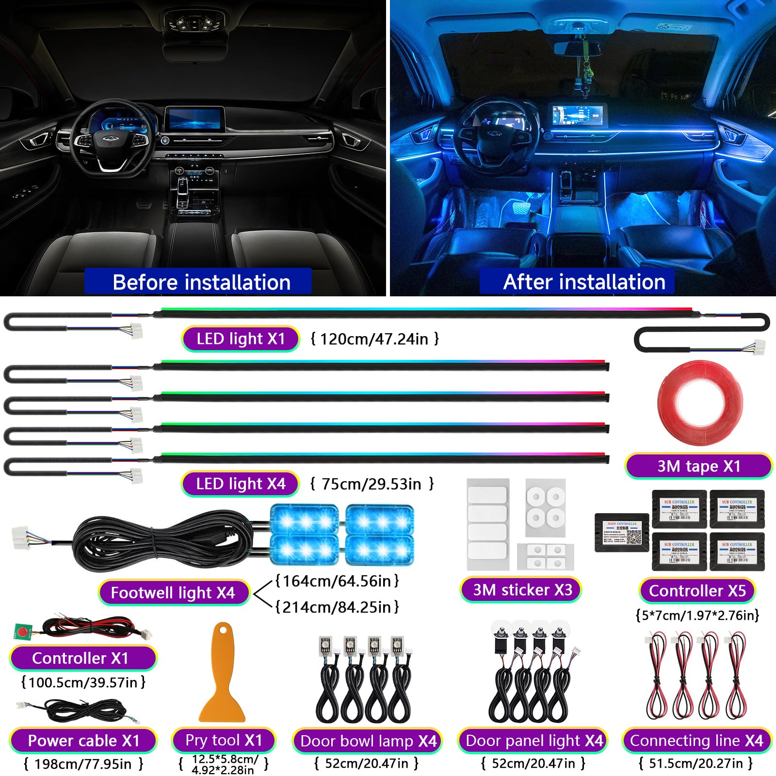 Defvnsy Illuminazione a LED per interni auto, 17 in 1 RGB in acrilico per interni, 64 colori, universale, decorazione per interni auto, atmosfera dinamica, luce al neon con controllo APP