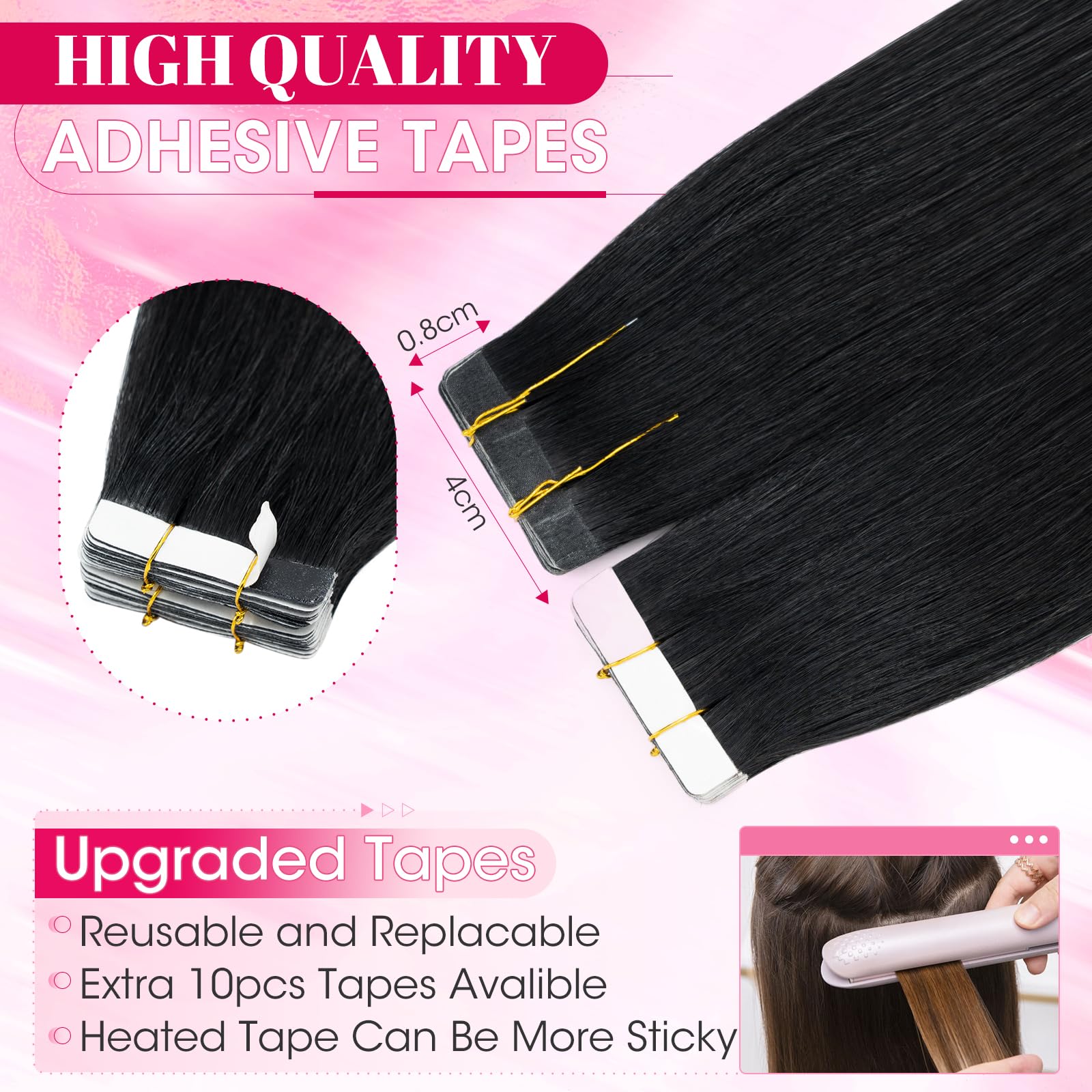 MY-LADY Invisible Tape in Hair Extensions Human Hair - 20pcs Remy Straight Real Hair #1 Jet Black - 12 Inch 30g - Image 3