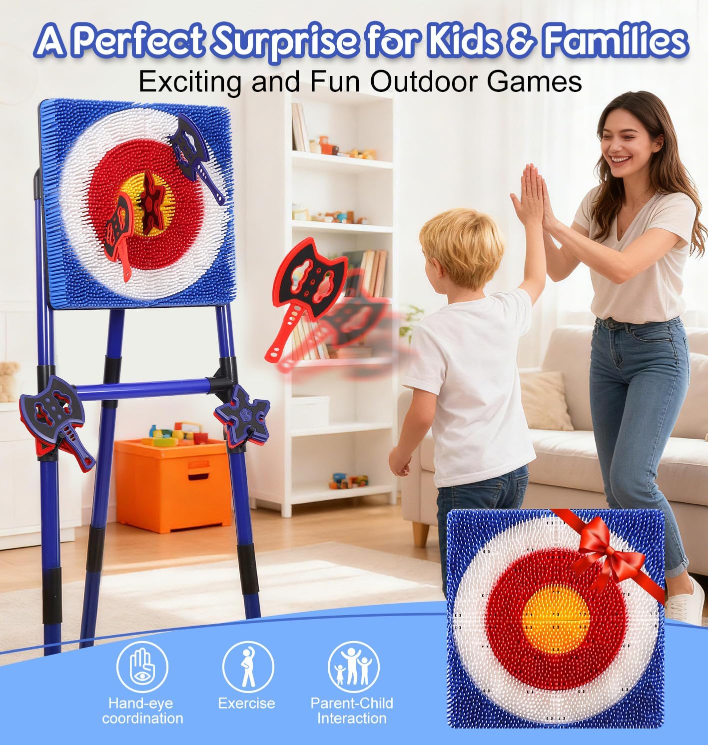 Axe Throwing Game for Backyard, Bristle Target Set with 6 Axes & 6 Darts, Portable Plastic Axe Throwing Game Indoor Outdoor Game for Adults & Kids, Carnival Yard Games