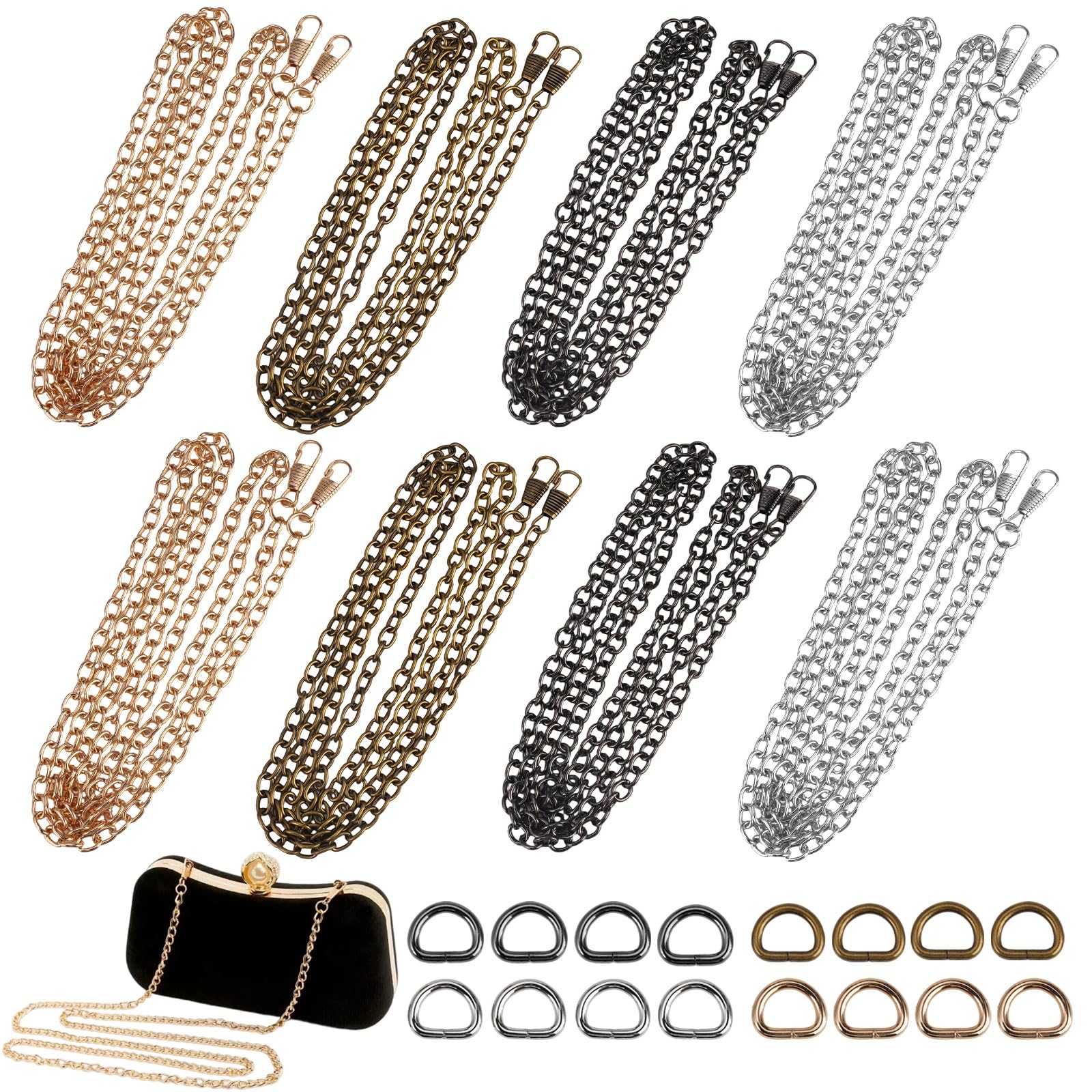 8 sztuk łańcuszków do torebki, 120 cm, odpinany łańcuszek do torebki z 16 metalowymi pierścieniami D, antyczny brąz, gunmetal, jasne złoto, srebrne łańcuszki do kopertówki, małych torebek, portfeli i