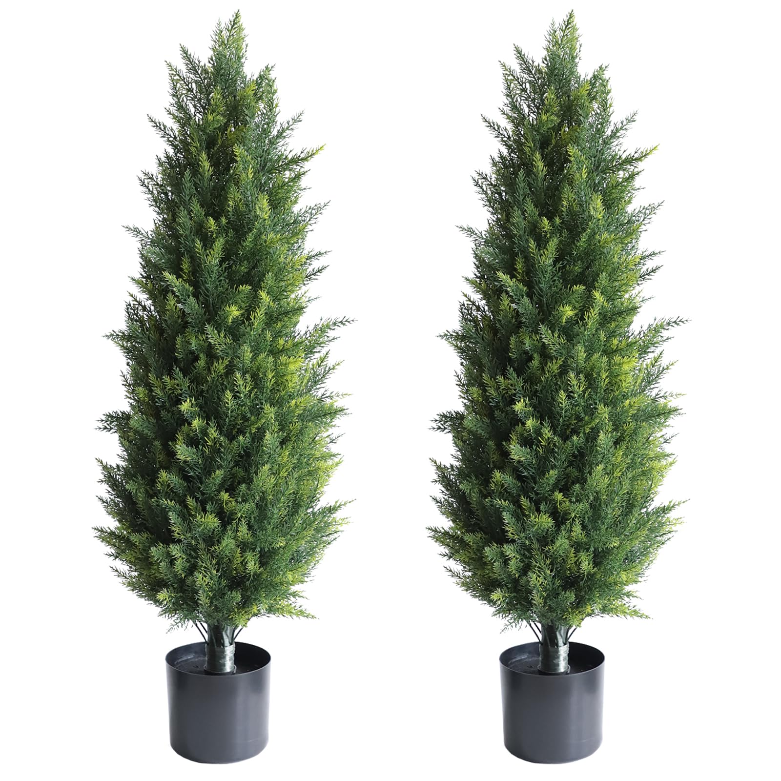Damomo Artificial Cedar Trees, 3.3ft Outdoor Artificial UV Rated Shrubs Potted, Lifelike Fake Topiary Cypress Tree, 2 Packs Faux Bushes Plant for Decorative Indoor or Outdoor?40inch?