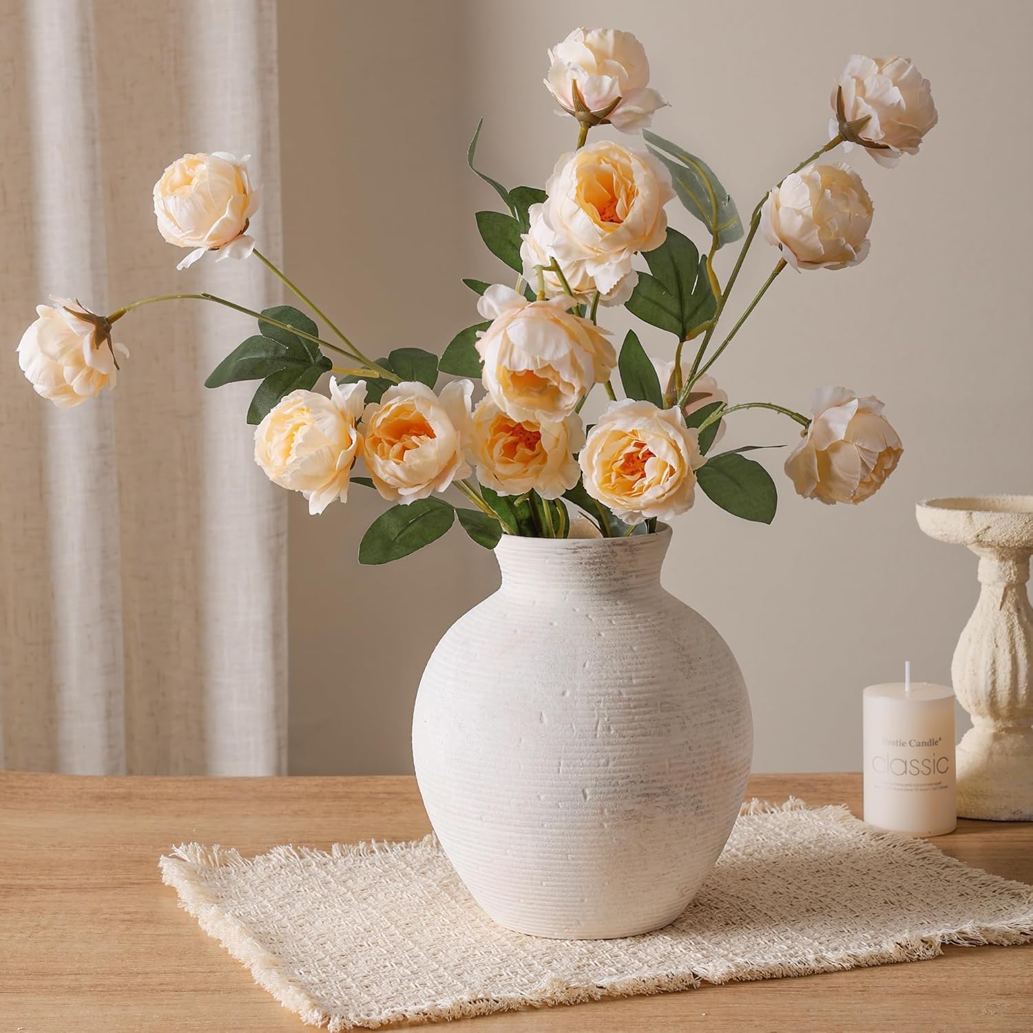 Ceramic Flower Vase Home Decor, 7.4 in Farmhouse Table Vases Rustic Vintage Living Room Kitchen Bedroom Decoration Pottery Decorative Vases for Flowers House Shelf Office Desk Dining Entryway, White