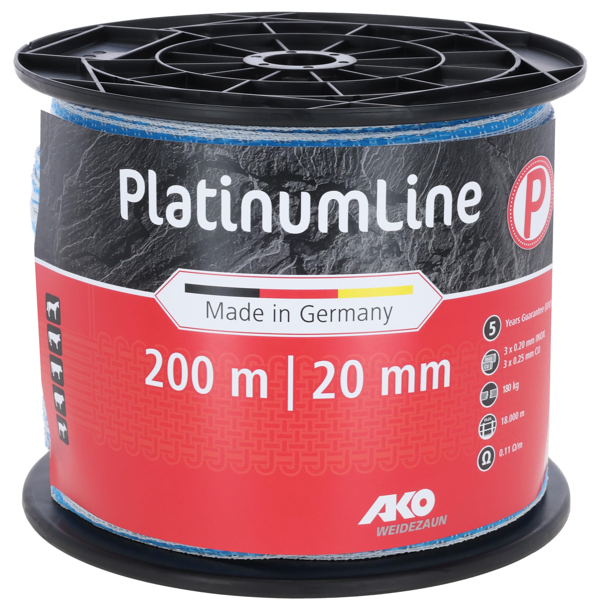 AKO Weidezaunband PlatiniumLine (weiß/blau, 200 m Länge, 20 mm breit, Tierzaun, Zubehör Weidetiere, Tierzubehör) 442821